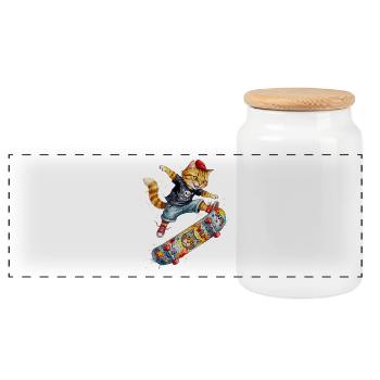 Cool Skating Cat Skateboard Watercolor Design - Panorama Keksdose mit Holzdeckel - Weiß - Vorne