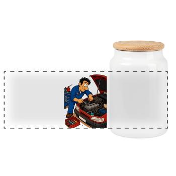 Animated mechanic on the engine - Panoramic Cookie Jar with Wooden Lid - white - Front