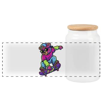 Teddybär auf einem Skateboard-Neon - Panorama Keksdose mit Holzdeckel - Weiß - Vorne