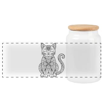 Katze mit Blumen Mandala im Körper zum ausmalen - Panorama Keksdose mit Holzdeckel - Weiß - Vorne