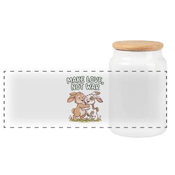 Make Love, Not War – Cute Bunny Hug - Panoramic Cookie Jar with Wooden Lid - white - Front