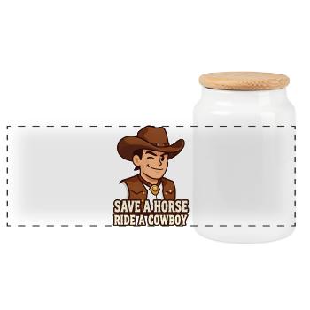 Cowboy-Karikatur mit Western-Slogan - Panorama Keksdose mit Holzdeckel - Weiß - Vorne