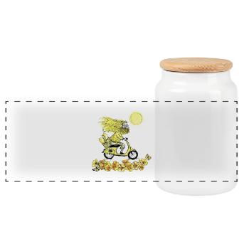 Mr. Yellow on the motorbike - Panoramic Cookie Jar with Wooden Lid - white - Front