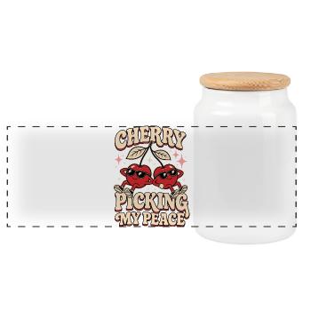 Cherry Picking My Peace – Kirschen Humor - Panoramic Cookie Jar with Wooden Lid - white - Front