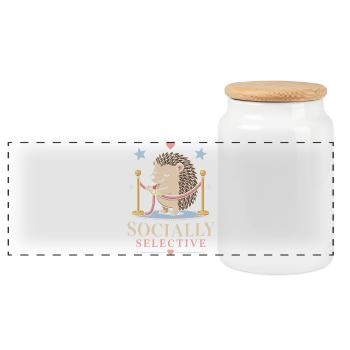 Socially selective hedgehog with humor - Panoramic Cookie Jar with Wooden Lid - white - Front
