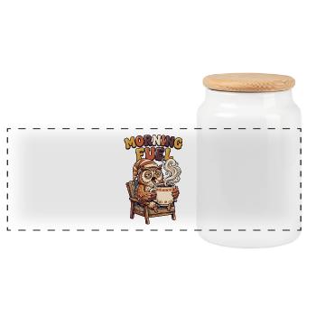 Tired owl with coffee - Panoramic Cookie Jar with Wooden Lid - white - Front