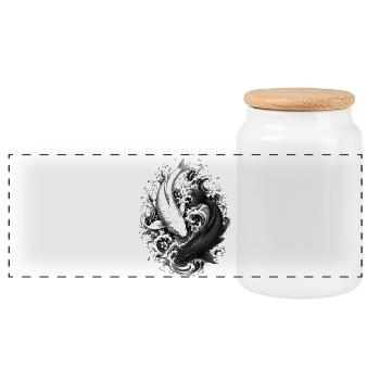 Two Koi as Yin Yang in Artful Irezumi Style - Panoramic Cookie Jar with Wooden Lid - white - Front