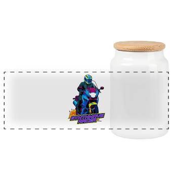 Synthwave Racer Neon Motorcycle - Panoramic Cookie Jar with Wooden Lid - white - Front
