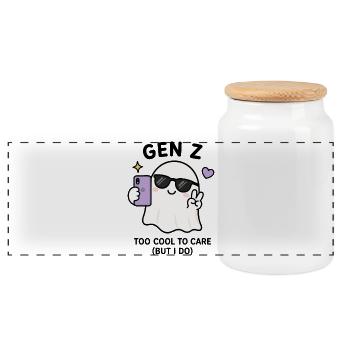 Fantôme kawaii de la génération Z mignon prenant un selfie en sunglas. - Boîte à biscuits avec couvercle en bois - blanc - Devant