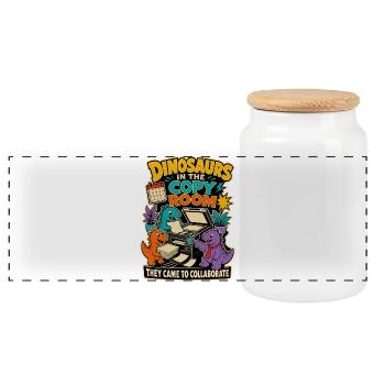 Dinosaurs in the copy room – Büro Humor - Panoramic Cookie Jar with Wooden Lid - white - Front