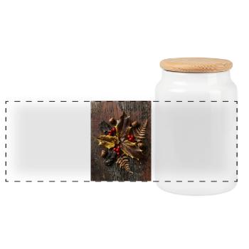 Autumn flat lay composition with holly leaves - Panorama Keksdose mit Holzdeckel - Weiß - Vorne