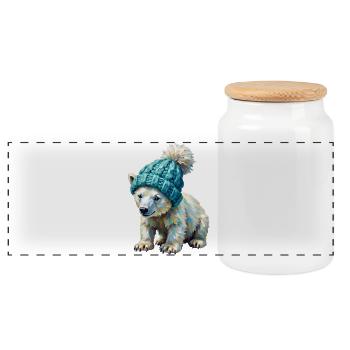 Kleiner Eisbär mit Pompon-Mütze - Panorama Keksdose mit Holzdeckel - Weiß - Vorne