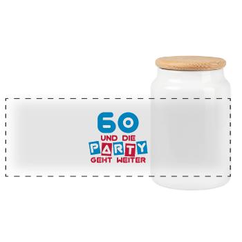 60 Jahre und die Party geht weiter ... - Panorama Keksdose mit Holzdeckel - Weiß - Vorne