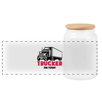 trucker_on_tour_fv2 - Panoramic Cookie Jar with Wooden Lid - white - Front