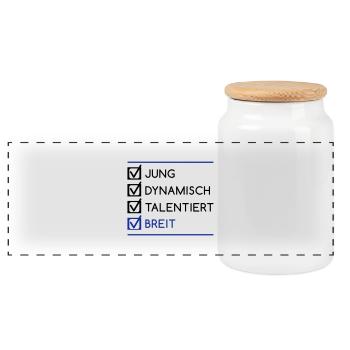 jung_dynamisch_talentiert_breit__f2 - Panorama Keksdose mit Holzdeckel - Weiß - Vorne