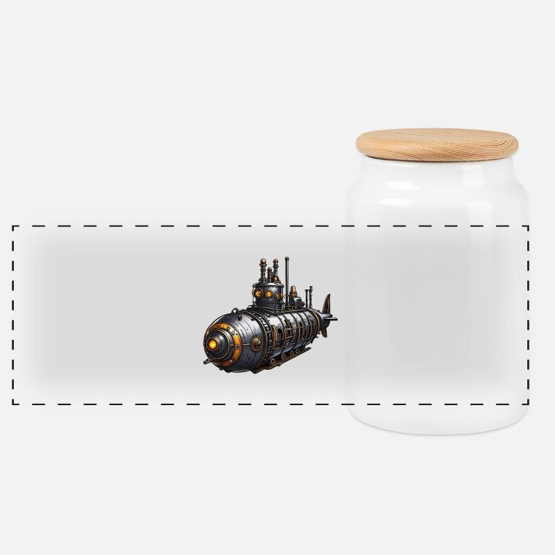 Steampunk-U-Boot - Panorama Keksdose mit Holzdeckel - Weiß