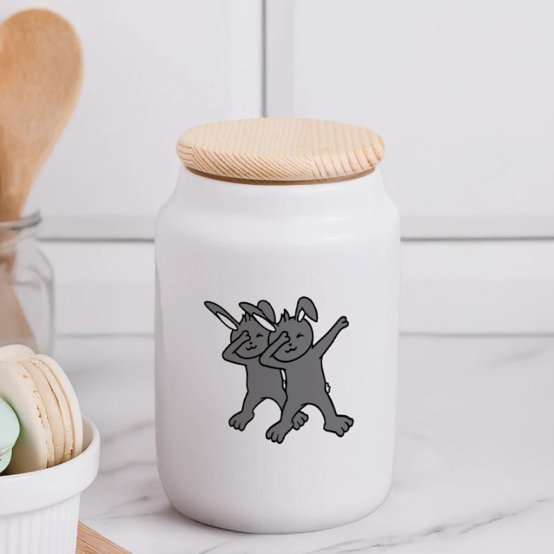 2 Bunnies Dabbing Dab Dance Pose Dancing Friends Team Panoramic Cookie Jar with Wooden Lid