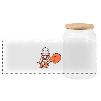 Duck Riding Sitting Giant Turtle 2 Friends - Panoramic Cookie Jar with Wooden Lid - white - Front