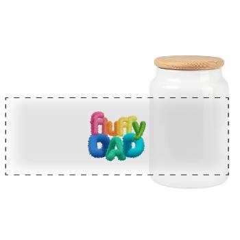 Fluffy Dad – Farbenfrohe, flauschige Typografie - Panorama Keksdose mit Holzdeckel - Weiß - Vorne