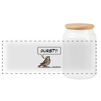 Durstiger Spatz - Panorama Keksdose mit Holzdeckel - Weiß - Vorne