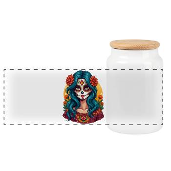 Mexikanerin Dia de los Muertos Zuckerschädel - Panorama Keksdose mit Holzdeckel - Weiß - Vorne