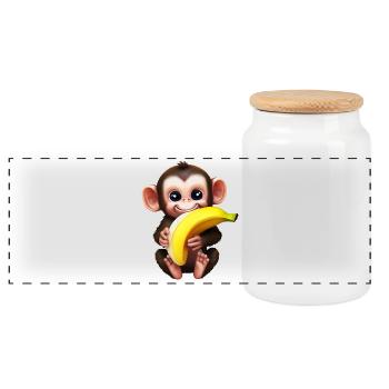 Chimpanzee with banana - monkey lover design - Panoramic Cookie Jar with Wooden Lid - white - Front