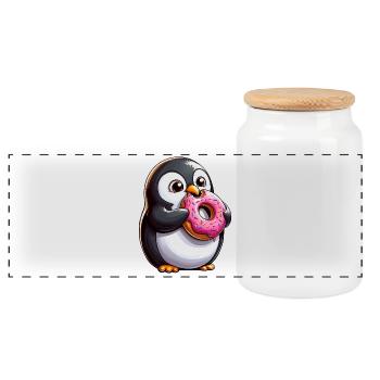 Süßer Pinguin Donut Cartoon Verrückte Süßigkeit - Panorama Keksdose mit Holzdeckel - Weiß - Vorne