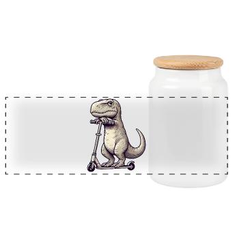 Mürrischer Dino T-Rex auf Kickroller Comic - Panorama Keksdose mit Holzdeckel - Weiß - Vorne