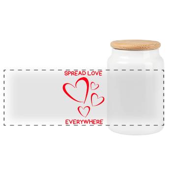 Herz Design – Spread Love Everywhere mit 4 Herze - Panorama Keksdose mit Holzdeckel - Weiß - Vorne