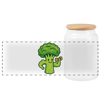 Broccoli Gains - Panoramic Cookie Jar with Wooden Lid - white - Front