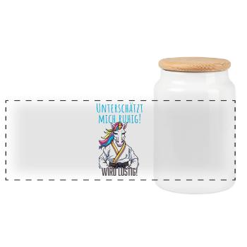 Karate Einhorn - Panorama Keksdose mit Holzdeckel - Weiß - Vorne