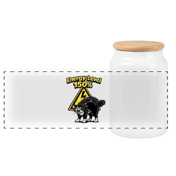 Energielevel 150% Geladene Katze - Panorama Keksdose mit Holzdeckel - Weiß - Vorne
