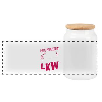 LKW-Fahrerin Shirt · Lastwagen · Truck Prinzessin - Panorama Keksdose mit Holzdeckel - Weiß - Vorne
