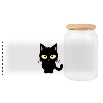 Black cat - Panoramic Cookie Jar with Wooden Lid - white - Front