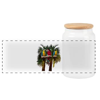 Three macaw parrots in front of palm trees - Panoramic Cookie Jar with Wooden Lid - white - Front