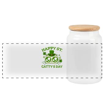 Happy St. Catty's Day St Patricks Funny Cat Clover - Panoramic Cookie Jar with Wooden Lid - white - Front