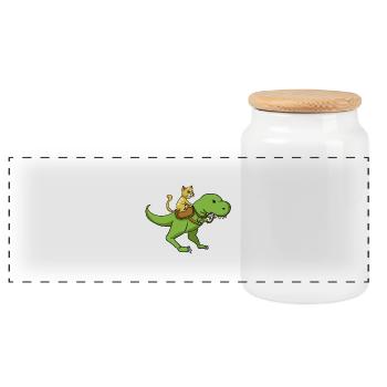 Katze Cat riding dino Trex Dinosaurier Geschenk - Panorama Keksdose mit Holzdeckel - Weiß - Vorne