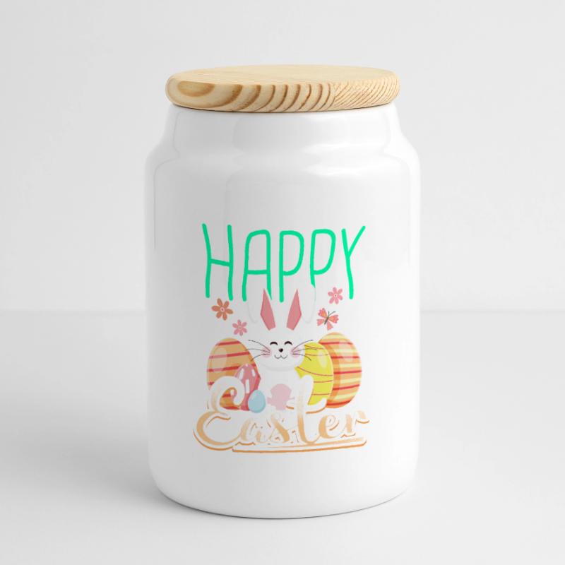 Happy easter gift easter bunny easter eggs cartoon Panoramic Cookie Jar with Wooden Lid