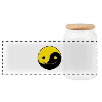 Yin Yang Chinese Tai Chi Symbol Yellow Emoji Face - Panoramic Cookie Jar with Wooden Lid - white - Front