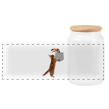 Cat Reaching Toucan In Fake Funny Print-On Pocket - Panoramic Cookie Jar with Wooden Lid - white - Front