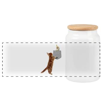 Cat Reaching Cockatiel Bird In Fake Print-On - Panoramic Cookie Jar with Wooden Lid - white - Front