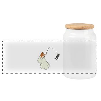 JGA bride has groom on the fishing rod bachelors - Panoramic Cookie Jar with Wooden Lid - white - Front