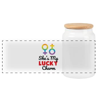She's My Lucky Charm LGBTQ Rainbow Pride T Shirt - Panoramic Cookie Jar with Wooden Lid - white - Front