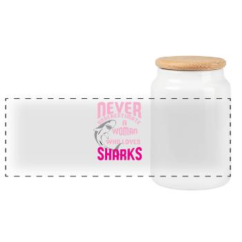 Ne jamais sous-estimer une femme qui aime les requins - Boîte à biscuits avec couvercle en bois - blanc - Devant