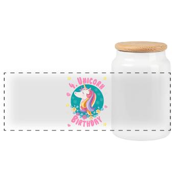 Unicorn 4th birthday 4 years - Unicorn birthday - Panoramic Cookie Jar with Wooden Lid - white - Front