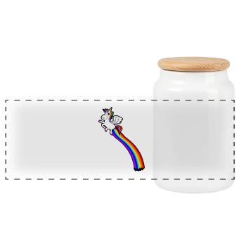Einhorn furzt sich mit einem Regenbogen hoch - Panorama Keksdose mit Holzdeckel - Weiß - Vorne