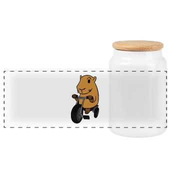 Capybara-Reitdreirad-T-Shirt Nagetier-Tier - Panorama Keksdose mit Holzdeckel - Weiß - Vorne