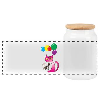 Cat Help me, Help me - Panoramic Cookie Jar with Wooden Lid - white - Front