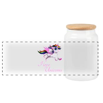 I love unicorns - Panoramic Cookie Jar with Wooden Lid - white - Front
