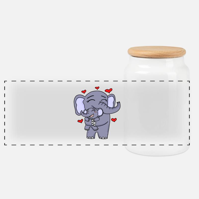 Elephant family cute - Panoramic Cookie Jar with Wooden Lid - white